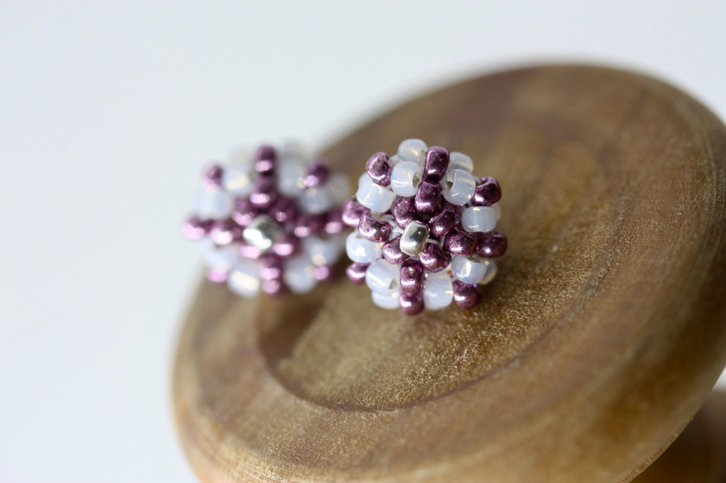 Hand beaded sterling silver stud earrings - purple with drops of gold lined white glass - studs, beadwork studs, beaded studs