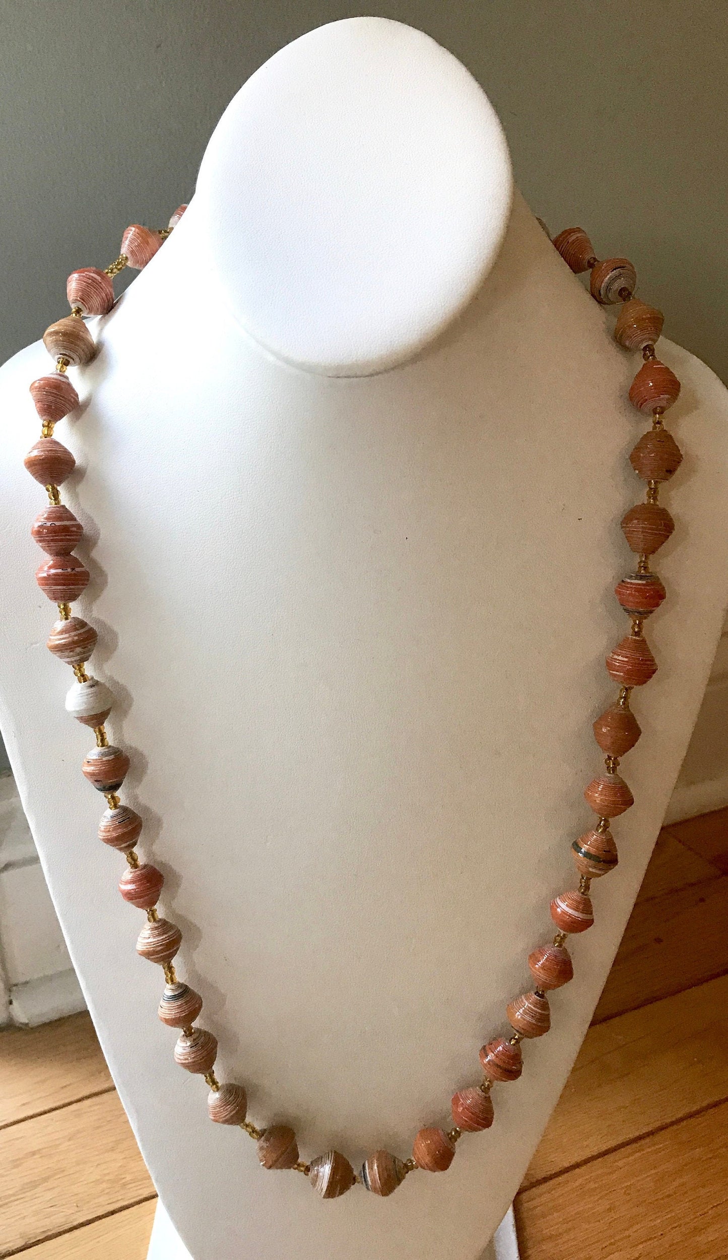 Unique orange vintage artisan necklace - beads look like porcelain but are actually made of rolled paper that's been painted & sealed