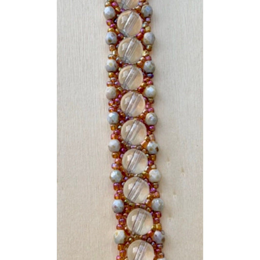 Stunning beadwoven vintage beadwork bracelet - gold iridescent seed beads, cream crystal spacers and clear white glass with toggle closure