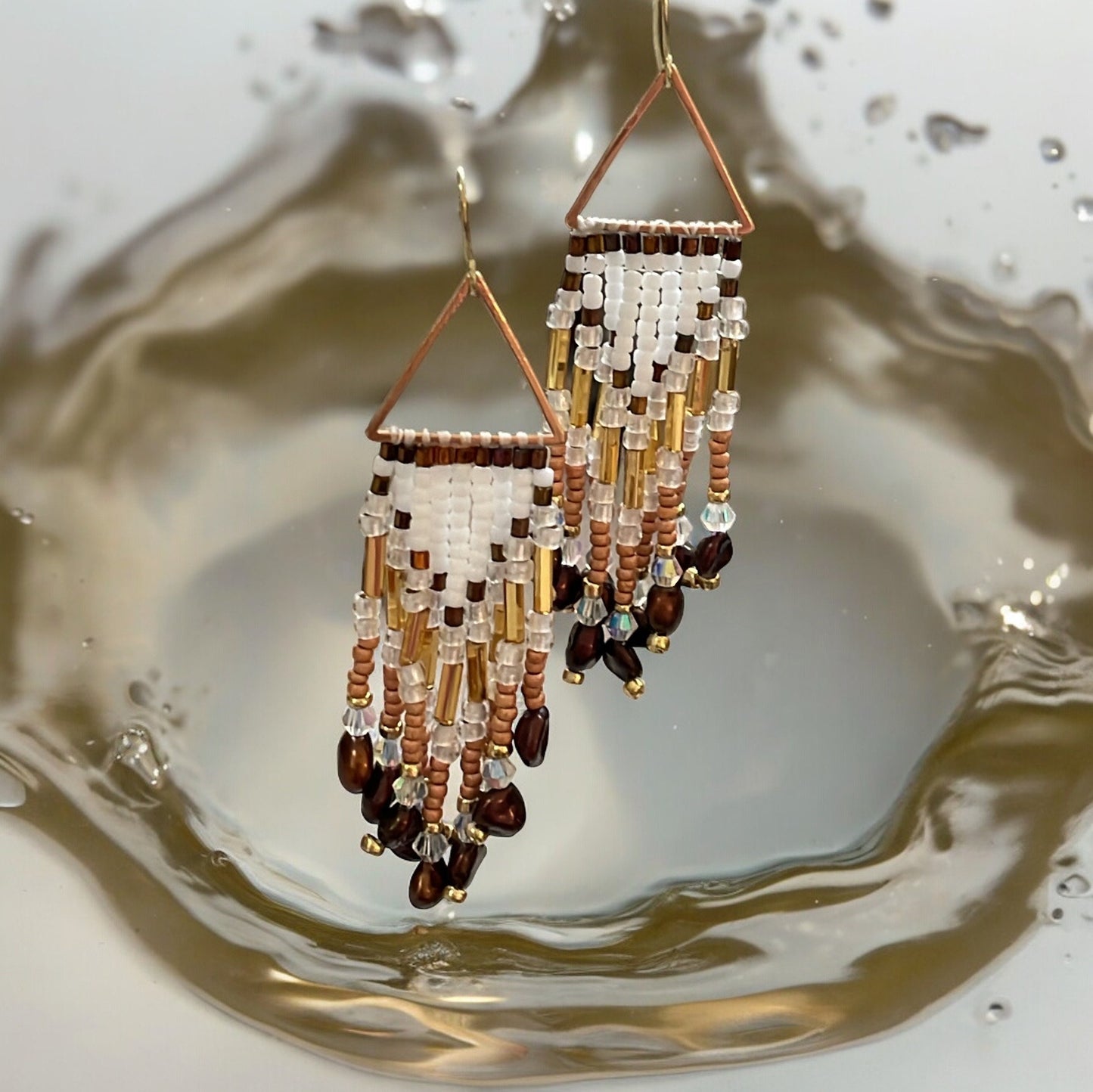 Hand beaded stunning dangle  earrings - earth toned seed beads with copper pearls