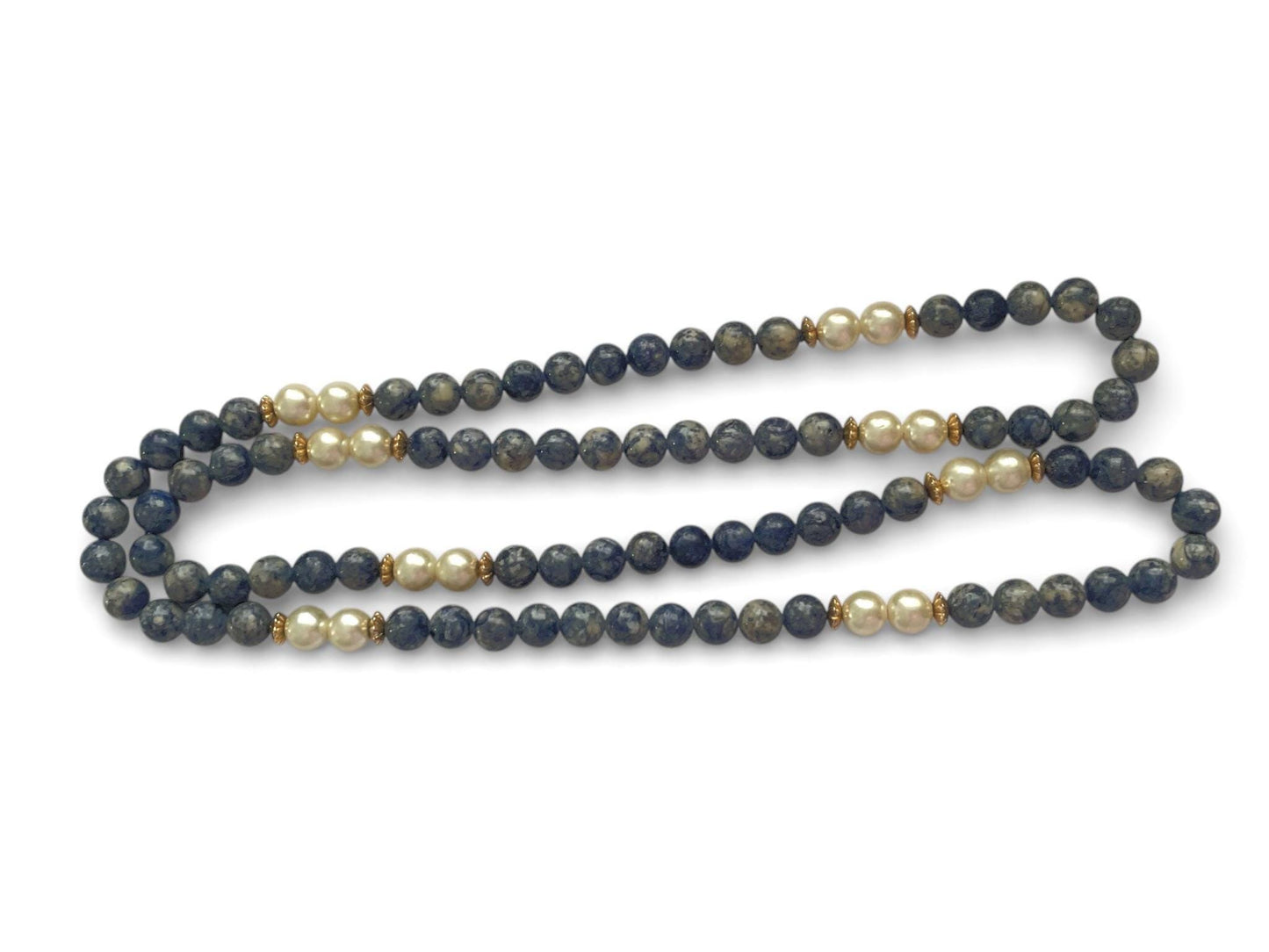 Long Blue Sodalite & Faux Pearl Necklace 32” Vintage Beaded Strand Gold Spacers Layering Statement Jewelry