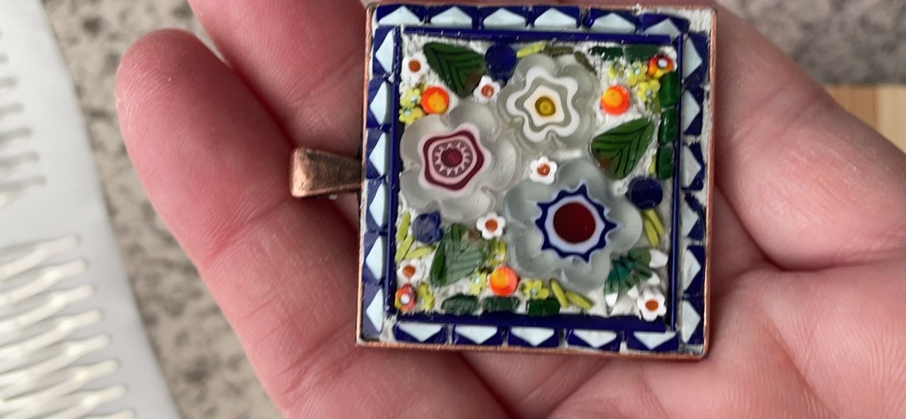 My handmade mosaic necklace - "Flower garden" - hand cut ceramic and glass with millefiori flowers