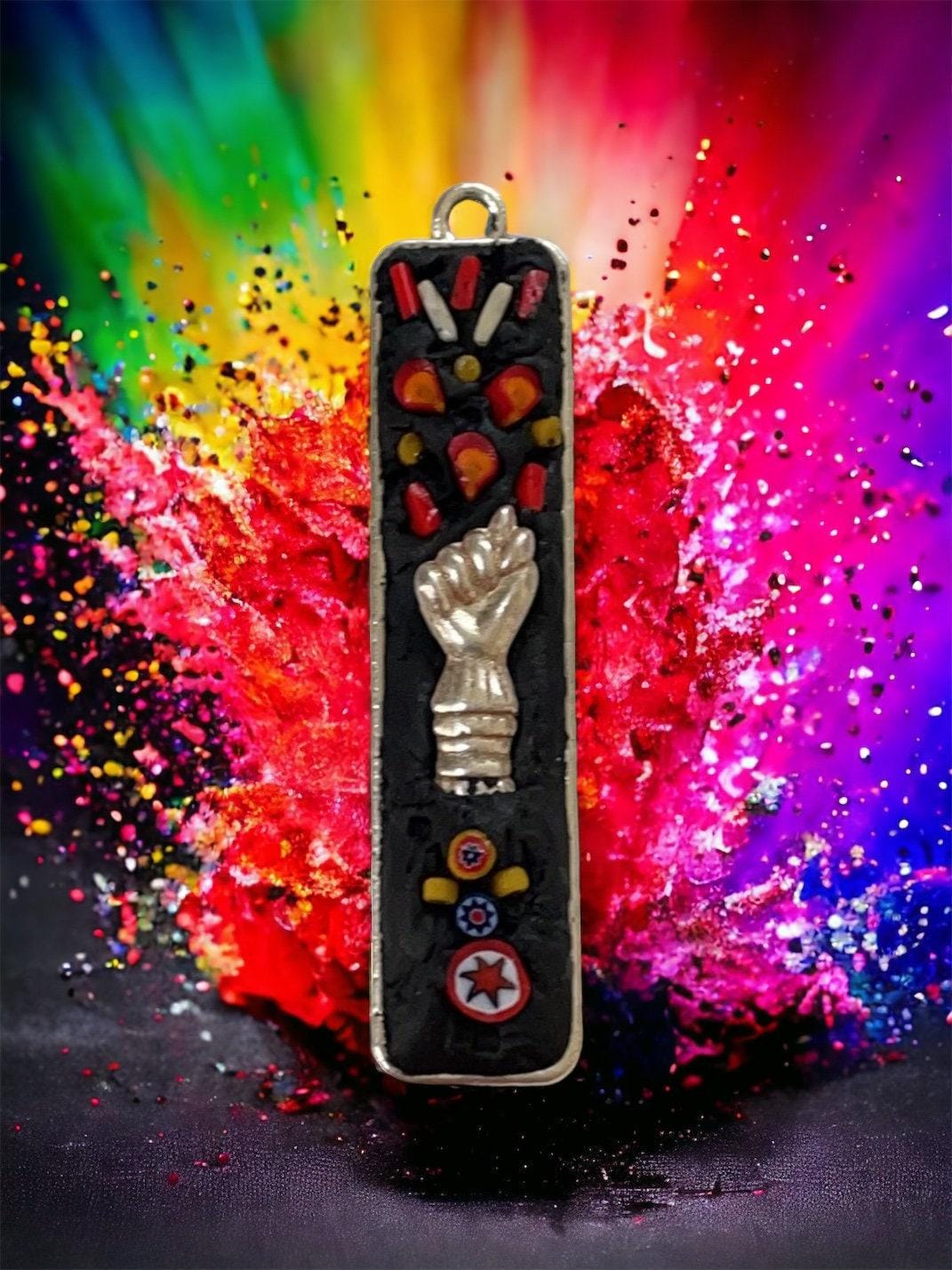 Mixed Material Mosaic Necklace: Floral Millefiori, metal hand