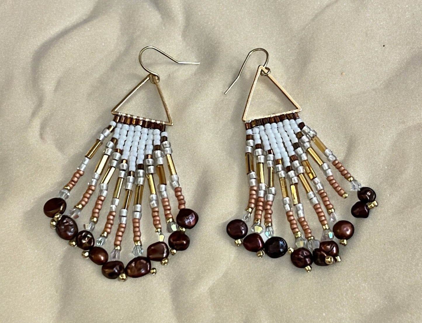 Hand beaded stunning dangle  earrings - earth toned seed beads with copper pearls