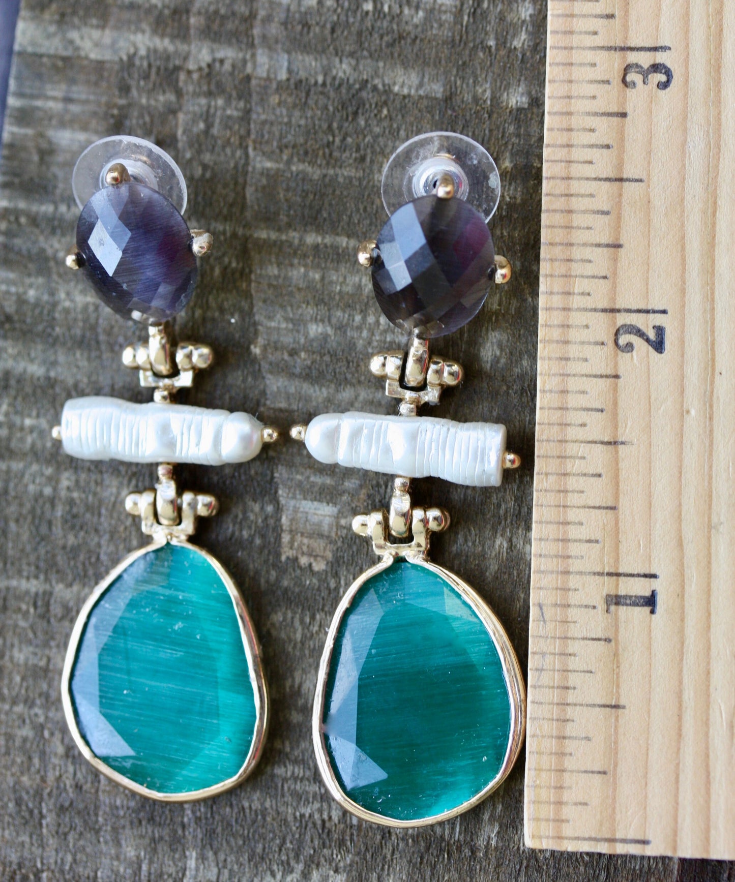Stunning and unique glass and pearl unsigned vintage earrings - purple amethyst?, turquoise and pearly white