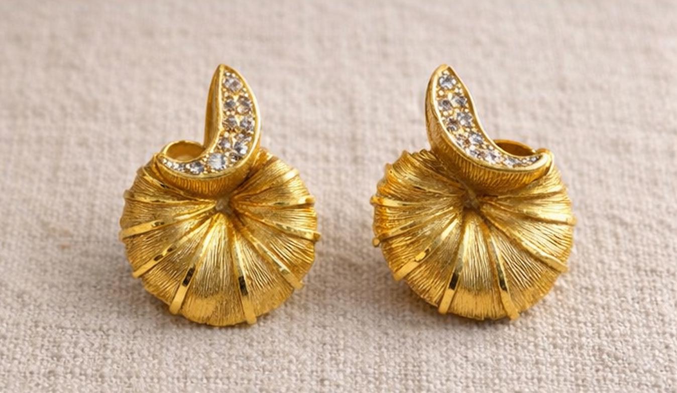 Vintage Gold Tone Clip Earrings Mid Century Fan Shell Design Rhinestone Accent Statement Earrings 1950s 1960s Retro Jewelry