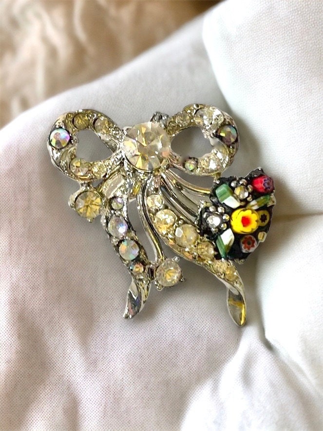 Charming upcycled vintage pin with rhinestones, handcut Italian glass and sweet millefiori flowers and leaves