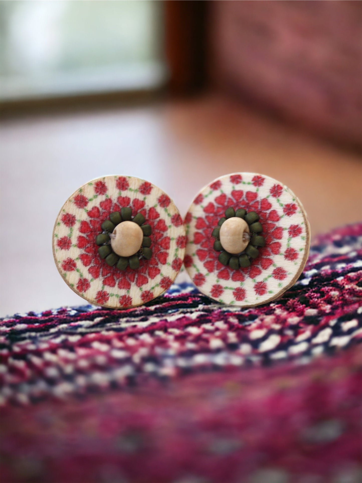 Stunning beadwork mandala stud earrings - red, natural tan and brown