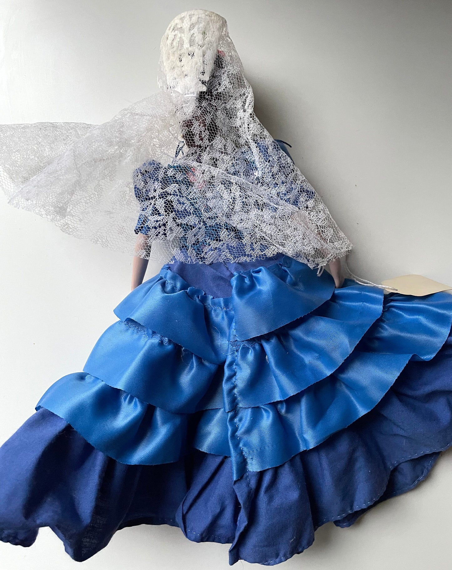 Stunning vintage Marin chiclana Spanish porcelain doll in beautiful royal blue dress with red hair flower and lace - from Valencia, Spain