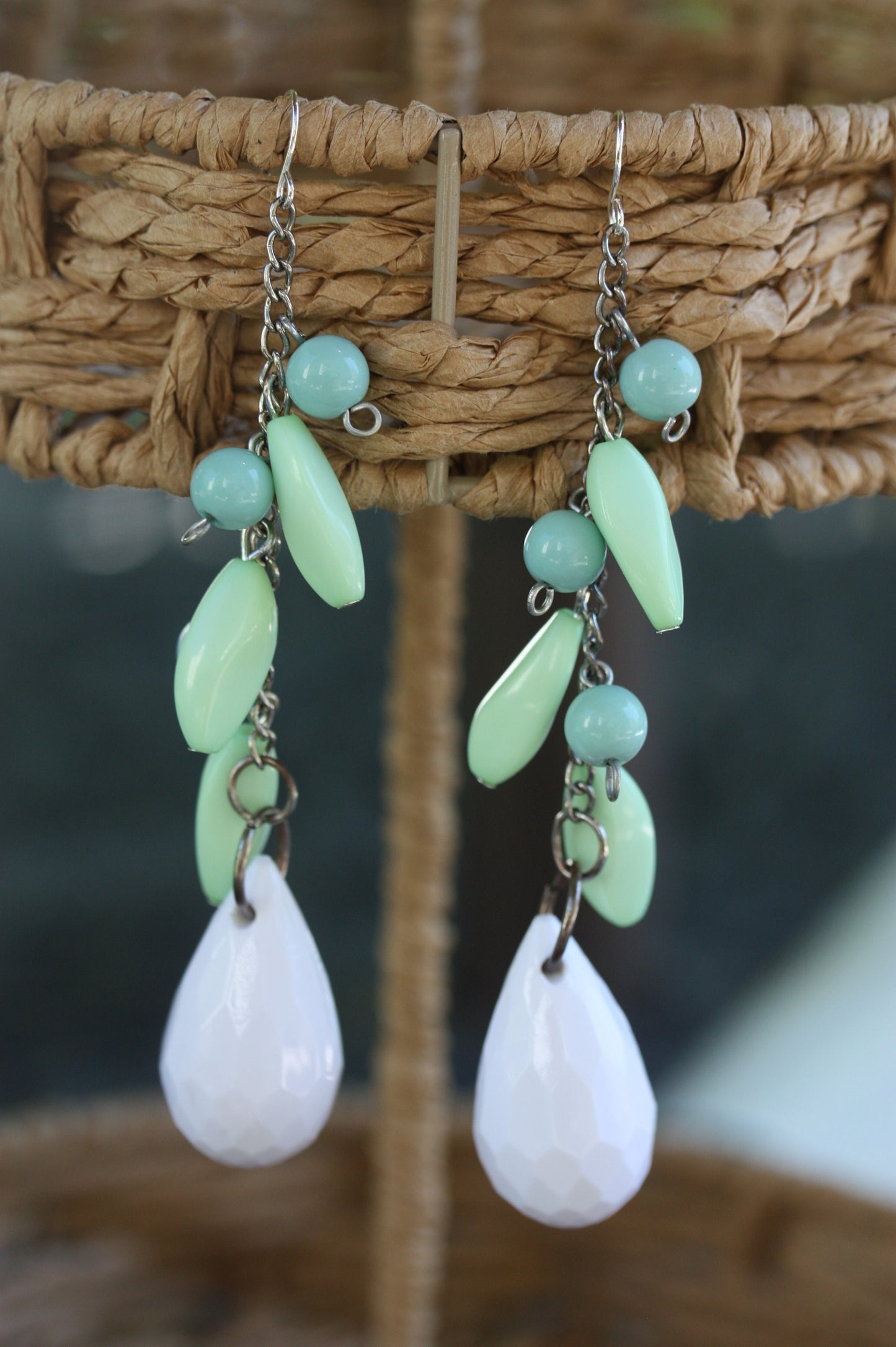 Seafoam green, blue and white fun long dangle earrings