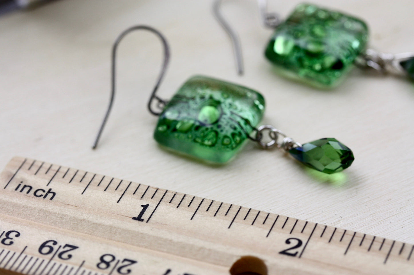 Green blown vintage glass with new faceted green crystal dangle earrings
