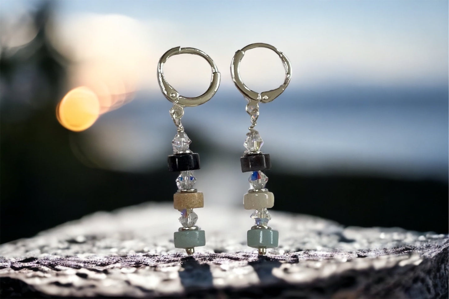 Handmade dangle earrings - turquoise, cream and black stone interspersed with Swarovski crystals - huggie ear wires