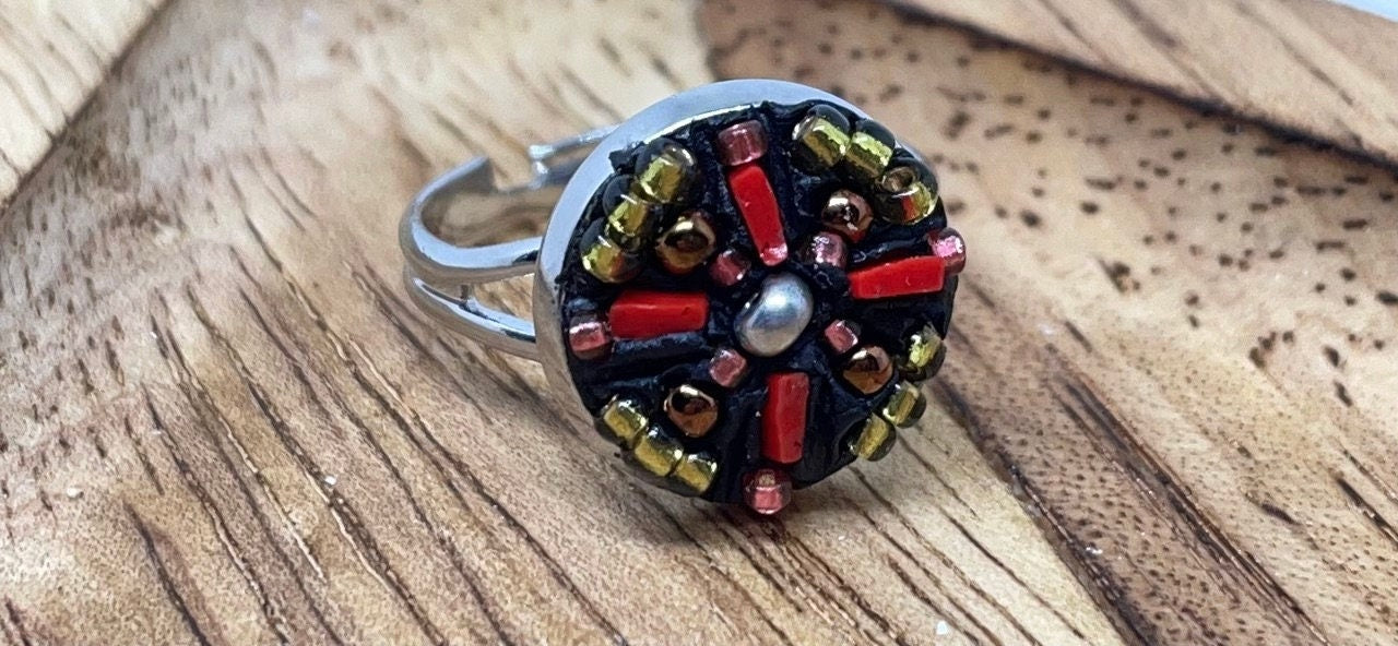 Handmade micro mosaic adjustable ring - Italian inspired - hand cut inlaid millefiori glass with tiny metallic seed beads