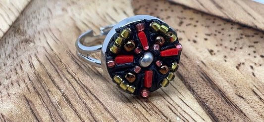 Handmade micro mosaic adjustable ring - Italian inspired - hand cut inlaid millefiori glass with tiny metallic seed beads