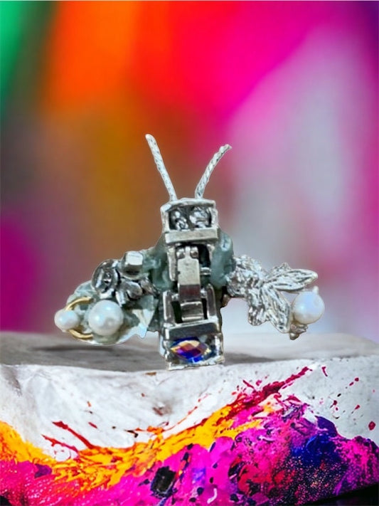Meet "Buzz" - Assemblage art / mixed media collage - little flying insect magnet, lapel pin or necklace pendant