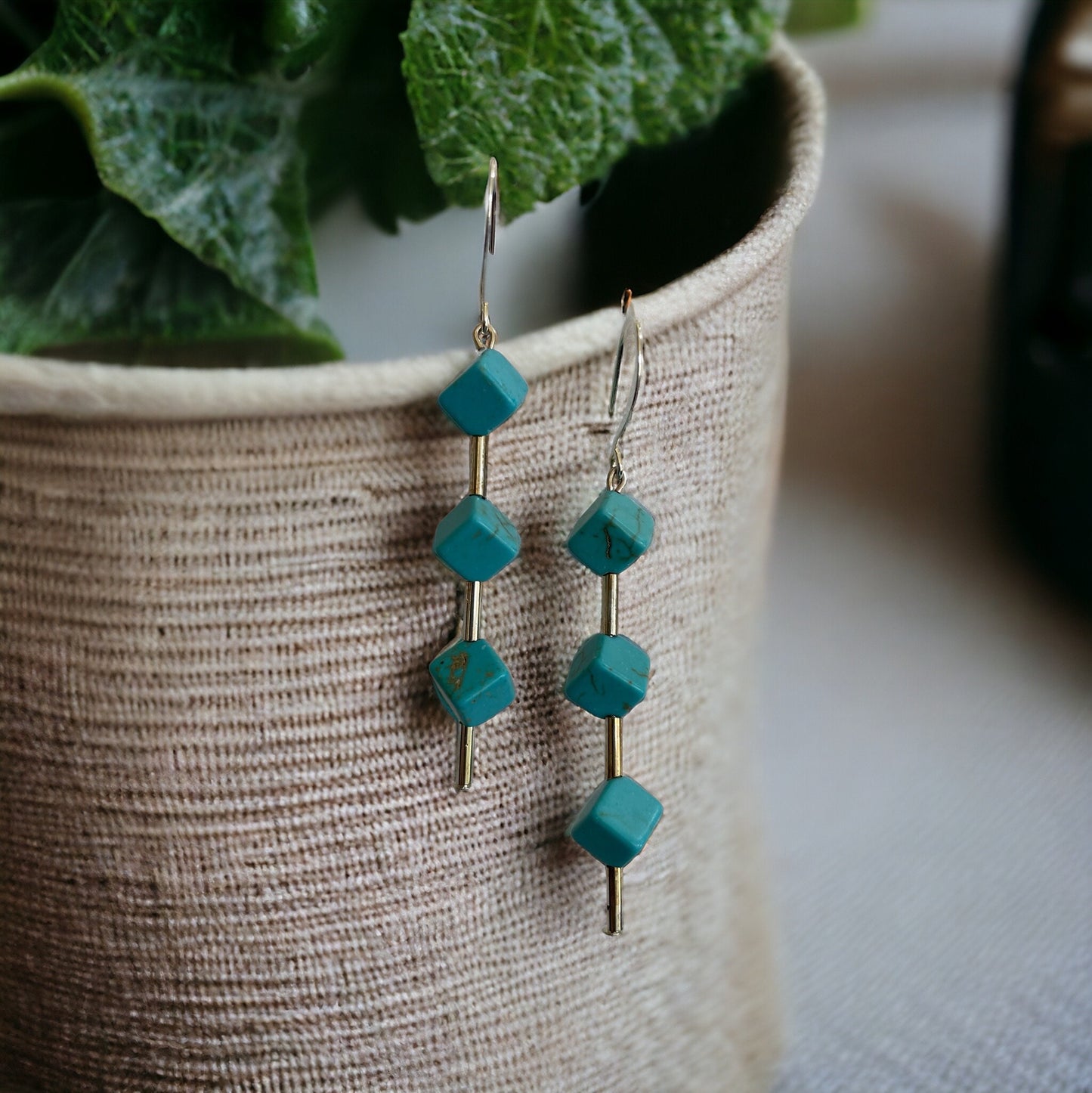 Three dimensional turquoise colored cube dangle earrings