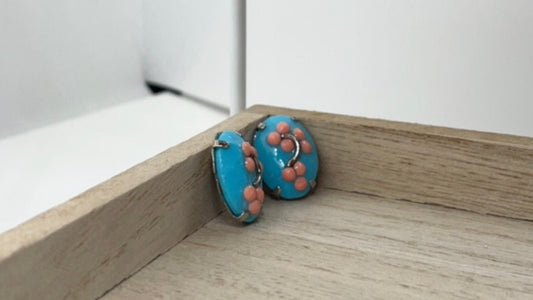 Asian inspired blue and peach floral handmade stud earrings with sterling silver ear wires