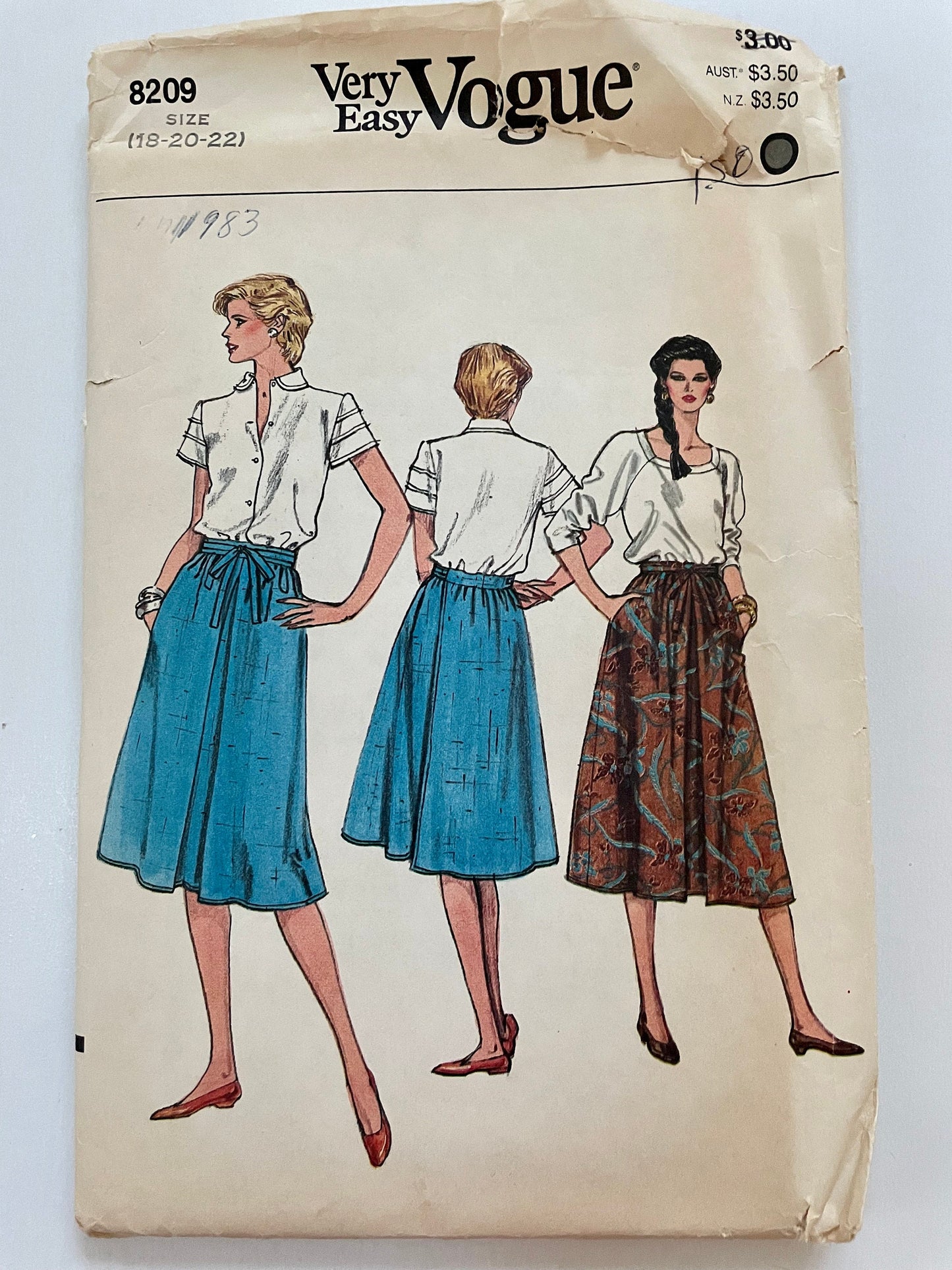 RARE UNCUT vintage Sewing Pattern - Very Easy Vogue 8209 Slightly Flared Wrap Skirt in 2 Lengths Size 18 - 22