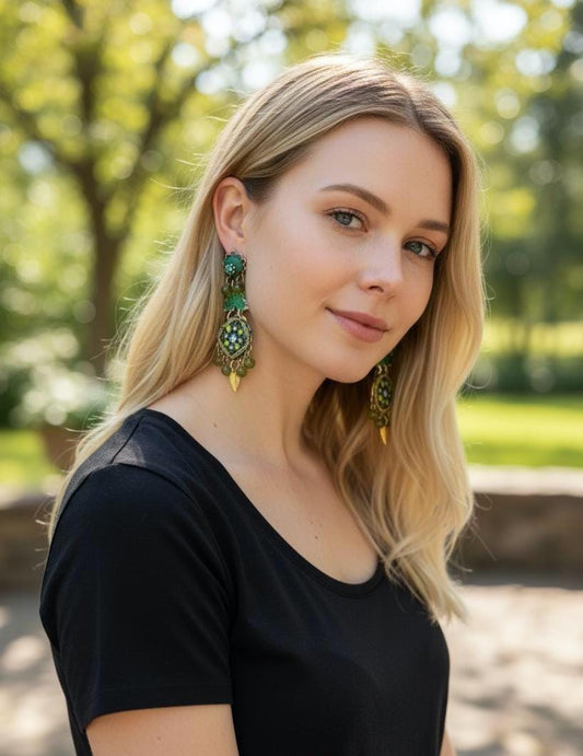 Green Beaded Dangle Earrings – Handmade Boho Jewelry with Textile, Glass beads & Leaf Charms