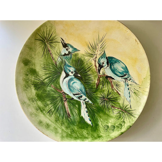 Magnificent vintage handmade, handpainted bird dish - painted terracotta, unsigned