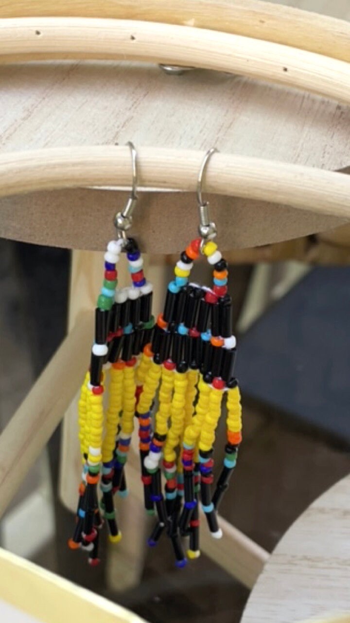 Handmade vintage beadwork dangle earrings - yellow, black and rainbow