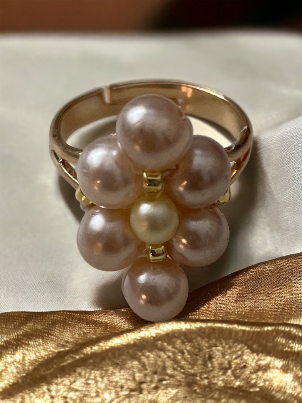 Adjustable ring handmade with pale pink and cream faux pearls