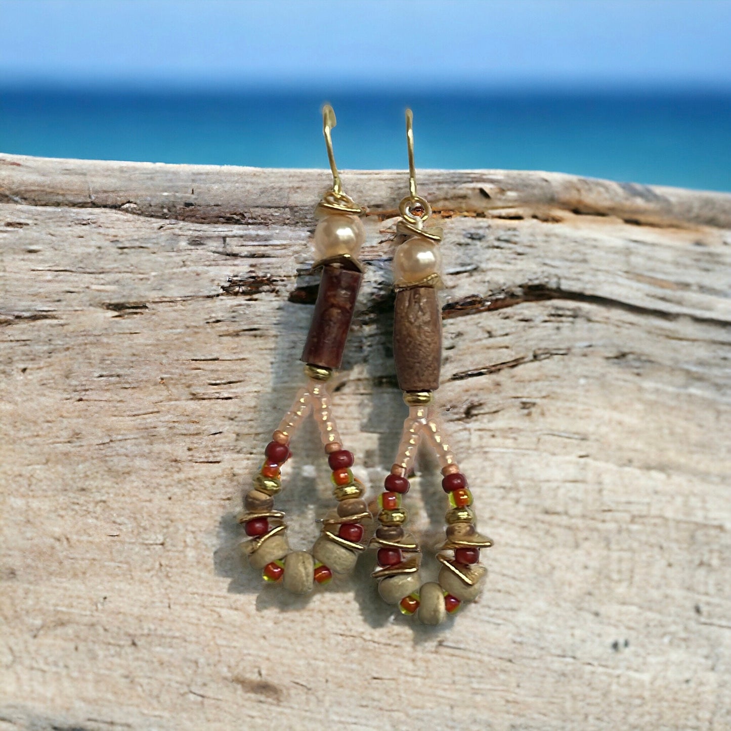 Hand beaded stunning dangle beadwork earrings - ombre shades of glass seed beads with wood, rippled metal spacers and pearls