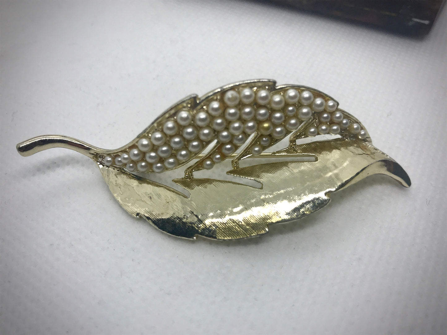 Vintage leaf pin studded with faux pearls