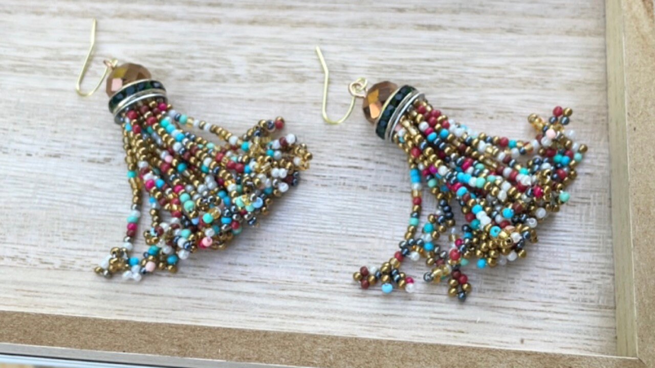 Stunning vintage beadwork tassel dangle earrings