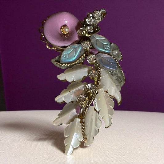 Unique mixed material brooch pin - pink enameled flower with faux pearl center, mother of pearl & white iridescent glass leaves, rhinestones