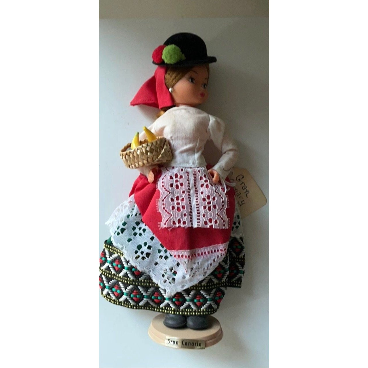 Vintage signed Muneca Artesana Beibi doll figurine - Made in Spain - holding wicker basket with miniature fruit