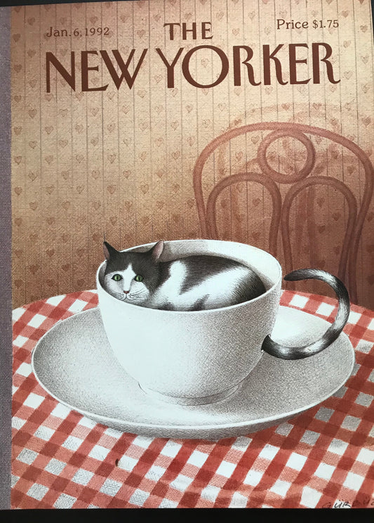 The NEW YORKER cover only - January 6, 1992 - little kitten curled up in a coffee cup, cat