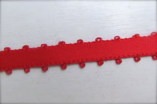 By the yard. 3/16 inch Feather Edge Picot trim vintage red ribbon / Christmas ribbon from the Cottage Lace & Ribbon Company - Made in Brazil