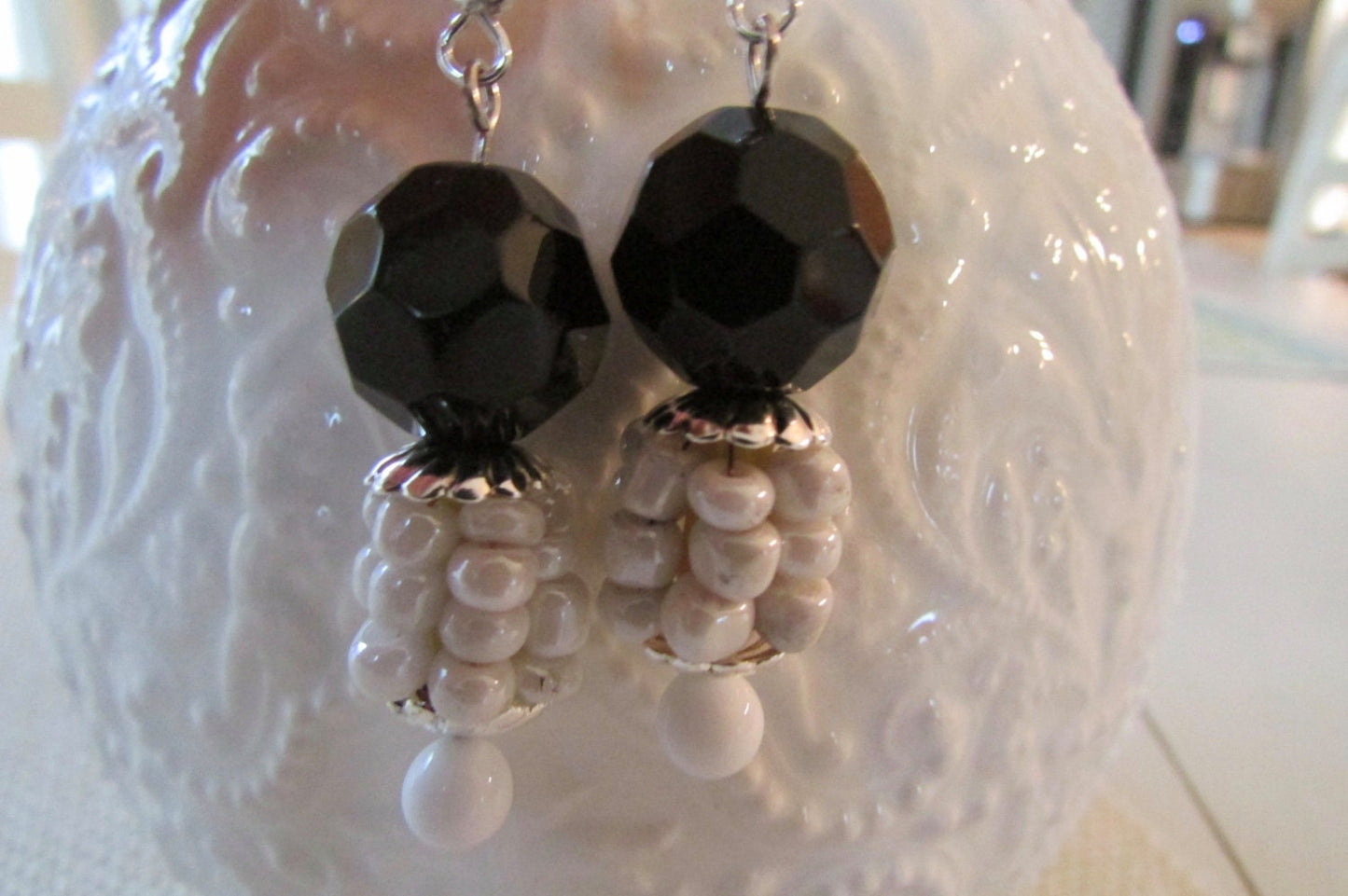 Black and white beaded dangle earrings