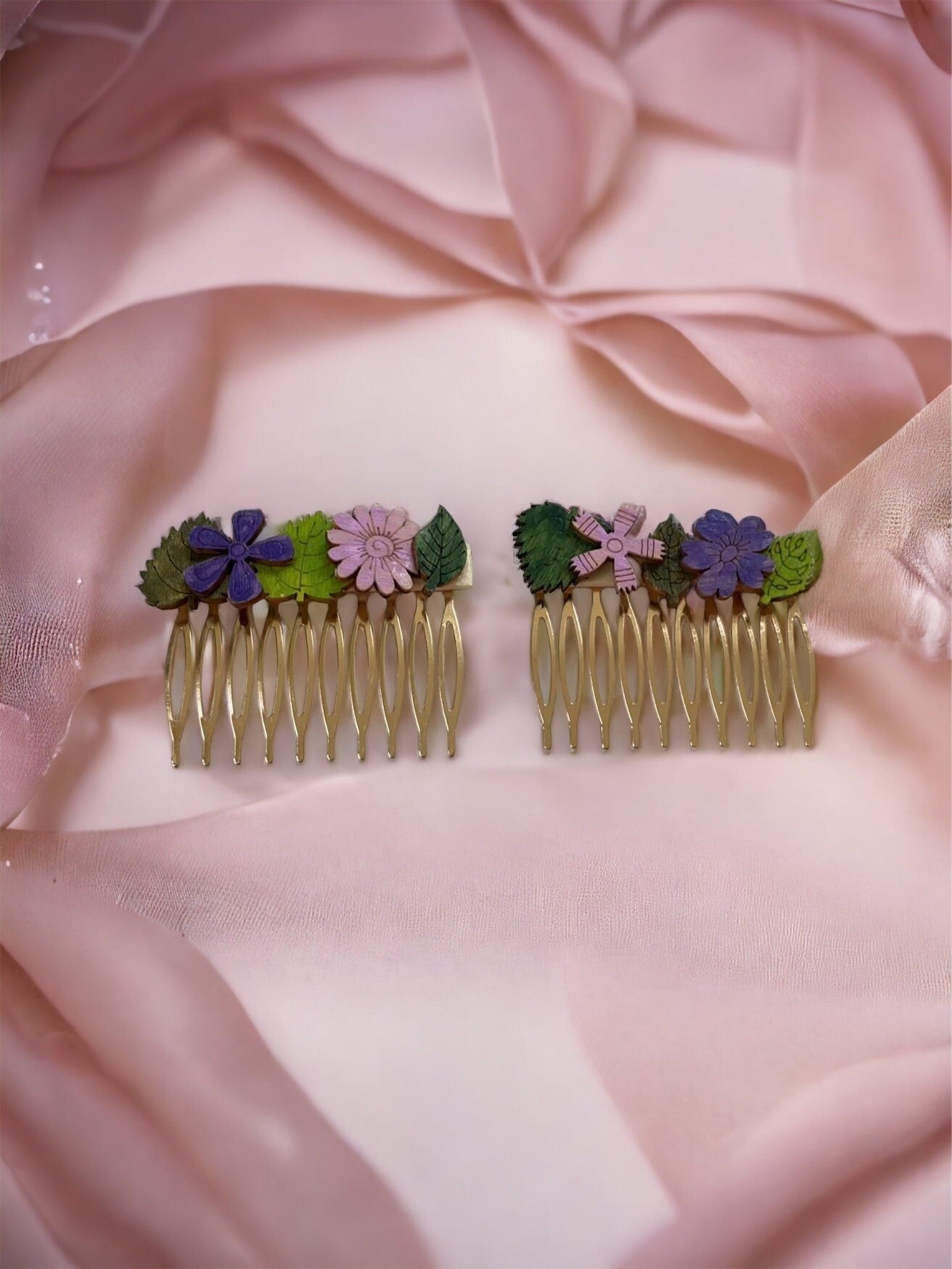 Pair of handpainted wooden flowers on metal hair comb - floral garden