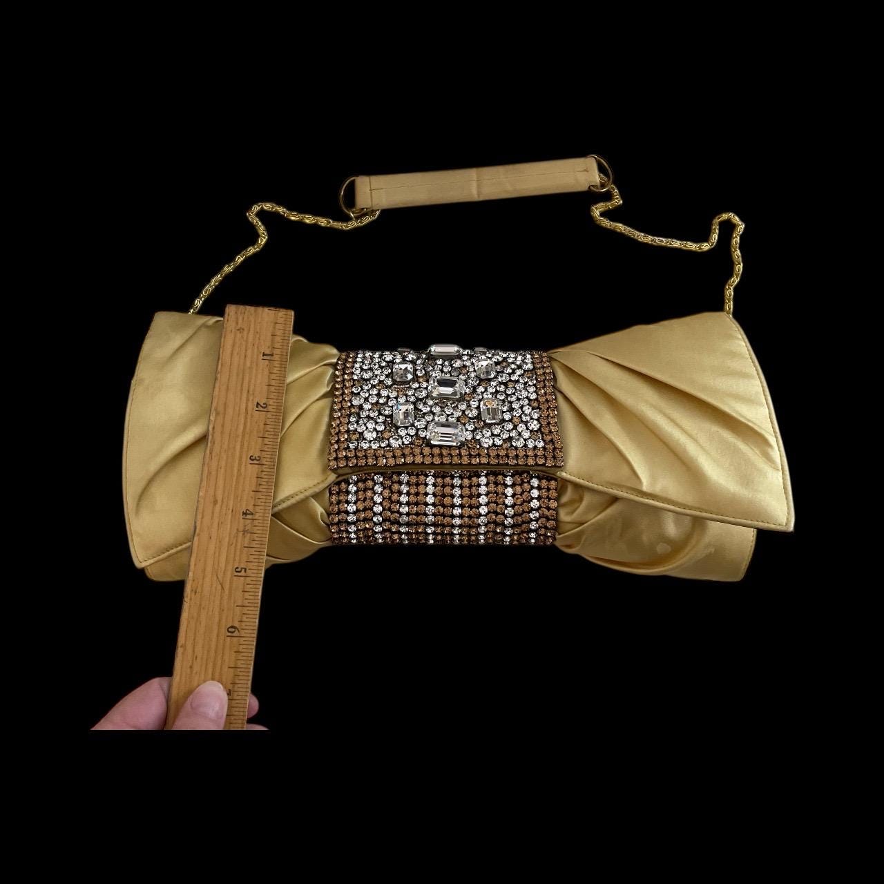 Gold Satin Clutch – Designer Evening Bag with Hand-Set Crystals & Bow Silhouette