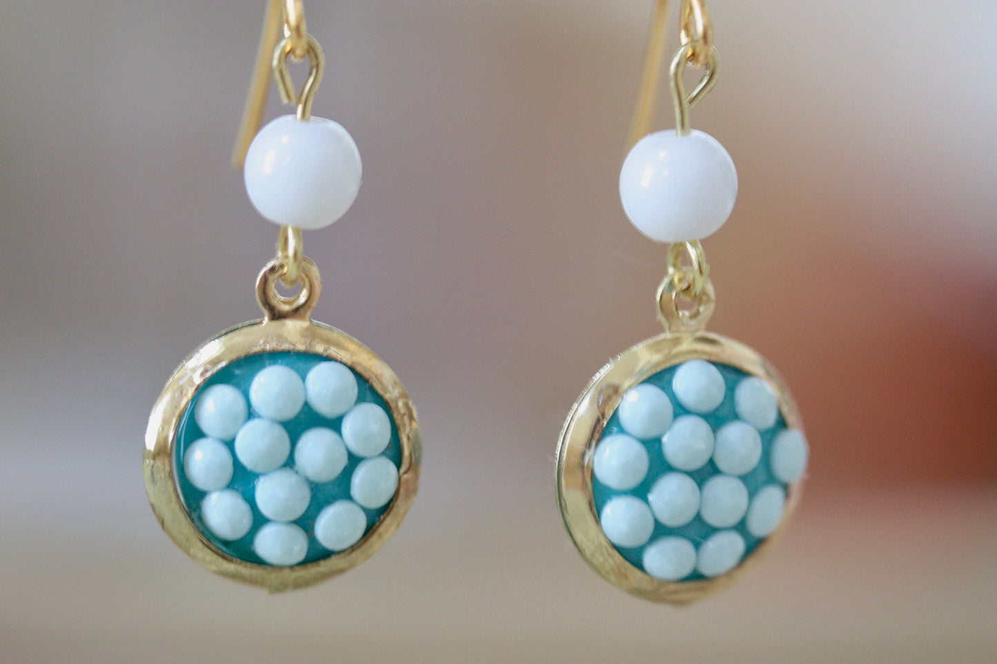 Sweet handmade white dotted blue dangle earrings