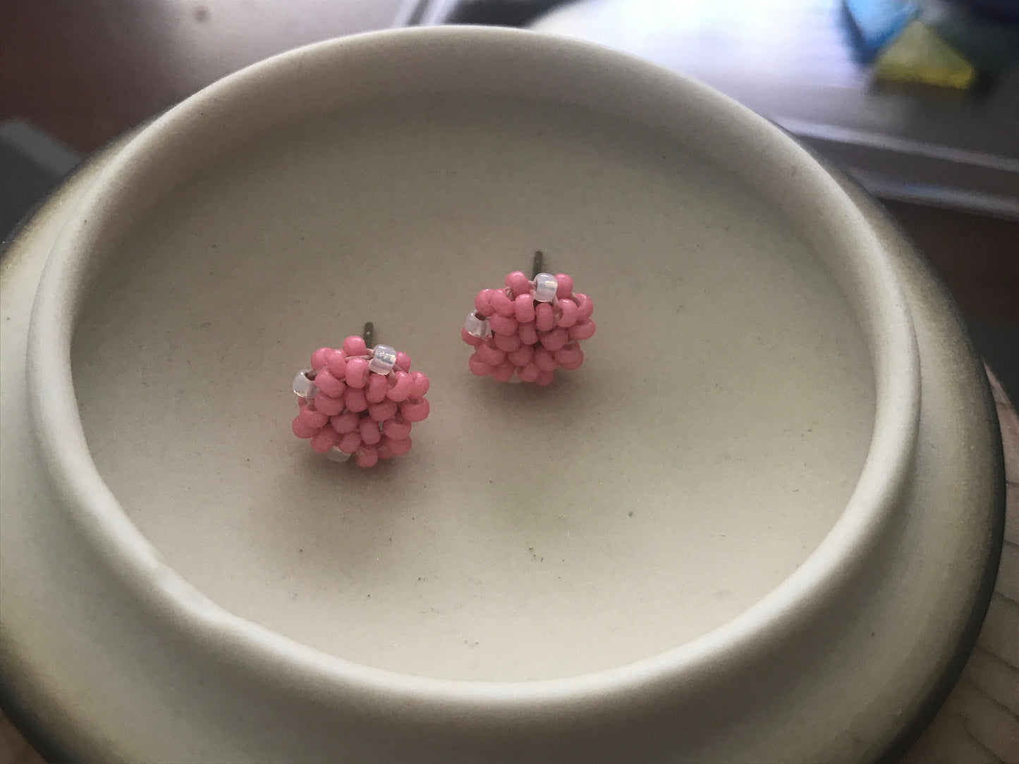 Hand beaded stud earrings - pink and white - studs, beadwork studs, beaded studs