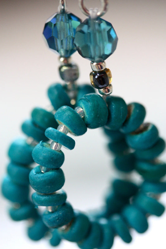 Blue wood heishi beads with crystal white glass spacers and blue faceted crystal dangle hoop earrings - vintage and new materials