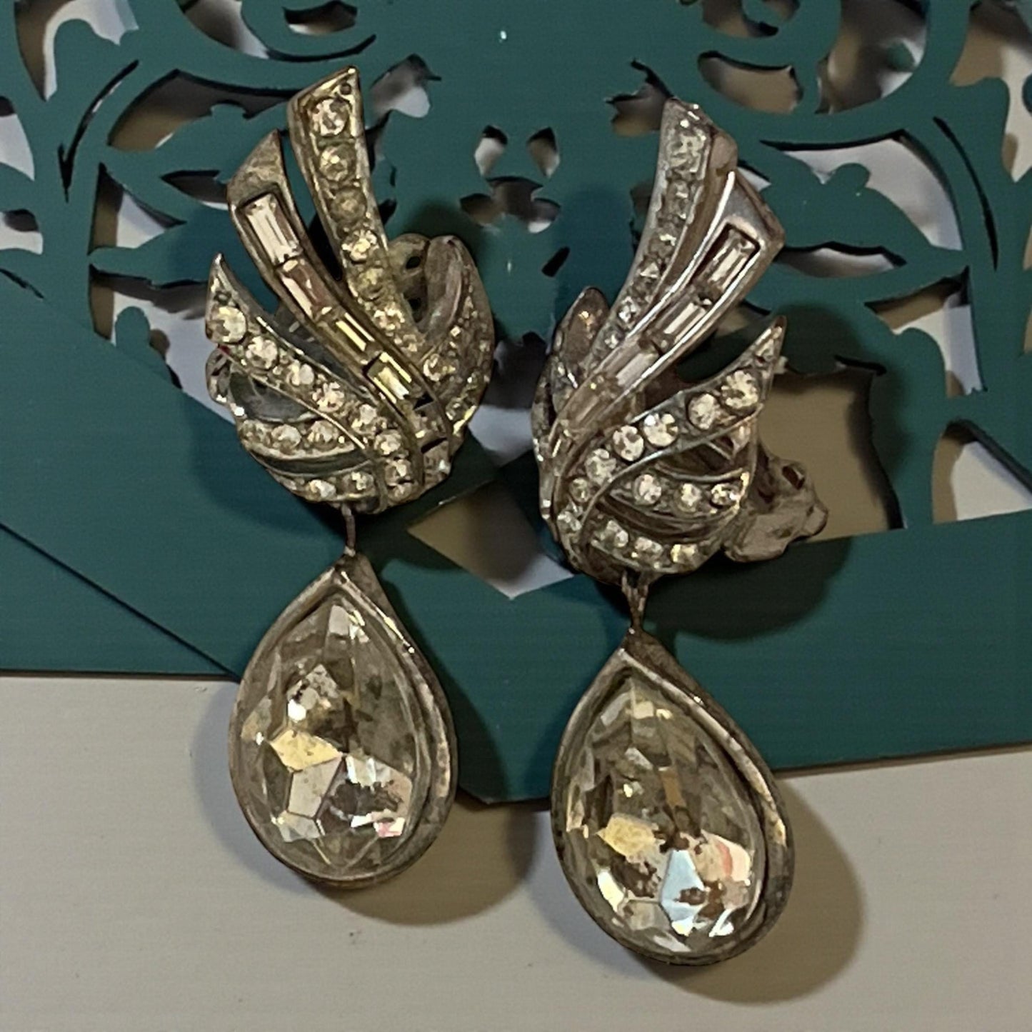 Vintage Rhinestone Teardrop Clip On Earrings | Silver Tone Art Deco Statement Dangle Jewelry