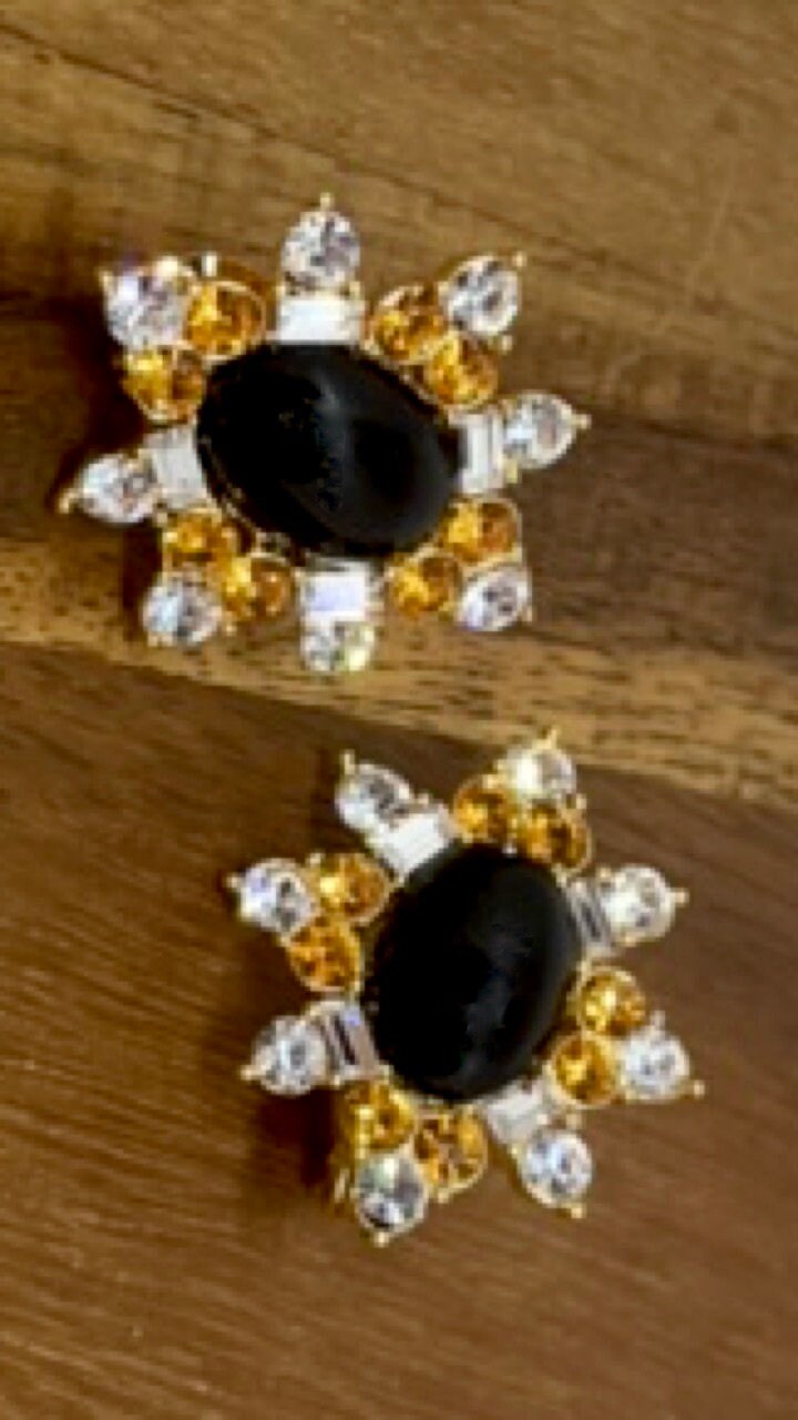 Vintage Runway Couture Black Enamel & Crystal 1980's rare signed Monet clip earrings