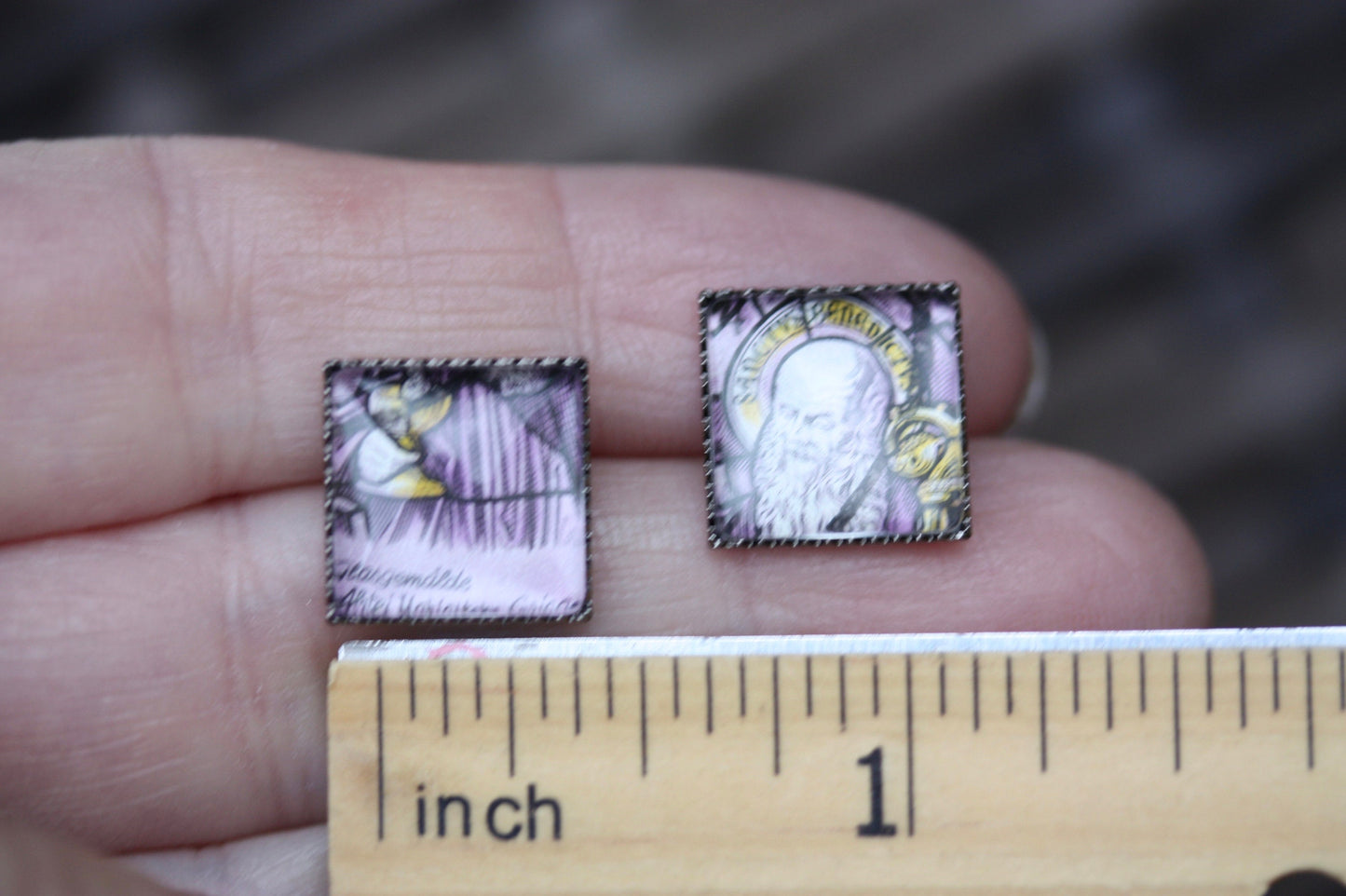 Tiny square stud earrings made from genuine vintage postage stamps - Osterreich Austria postage stamp 1983 purple, saint, Austria Monastery