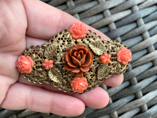 1940s Coral Celluloid Flowers & Cabochons Filigree Brooch Pin