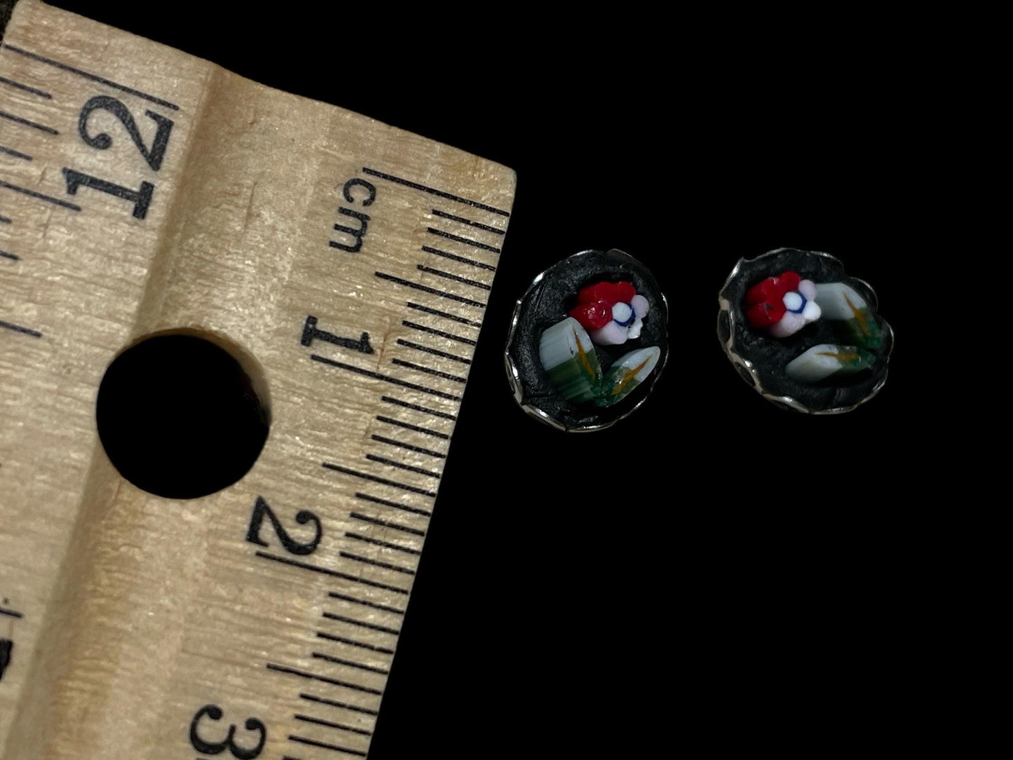 Italian Micro Mosaic Stud Earrings, Glass Flower Design (Sterling Silver)