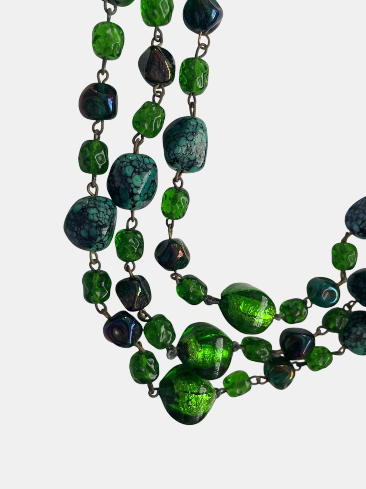 Vintage Emerald Green Glass Necklace, 3 Strand Art Deco Style Statement Necklace, Foil Glass & Turquoise Look Synthetic Beads