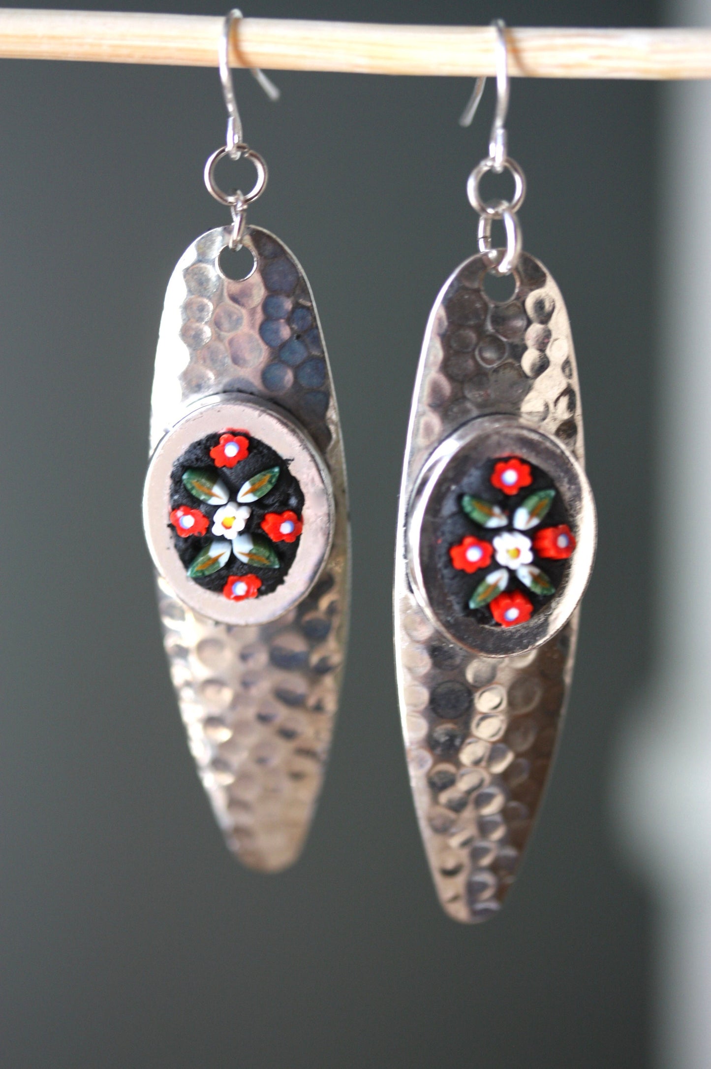 My handmade inlaid micro-mosaic on upcycled vintage hammered metal earrings - with sterling silver ear wires