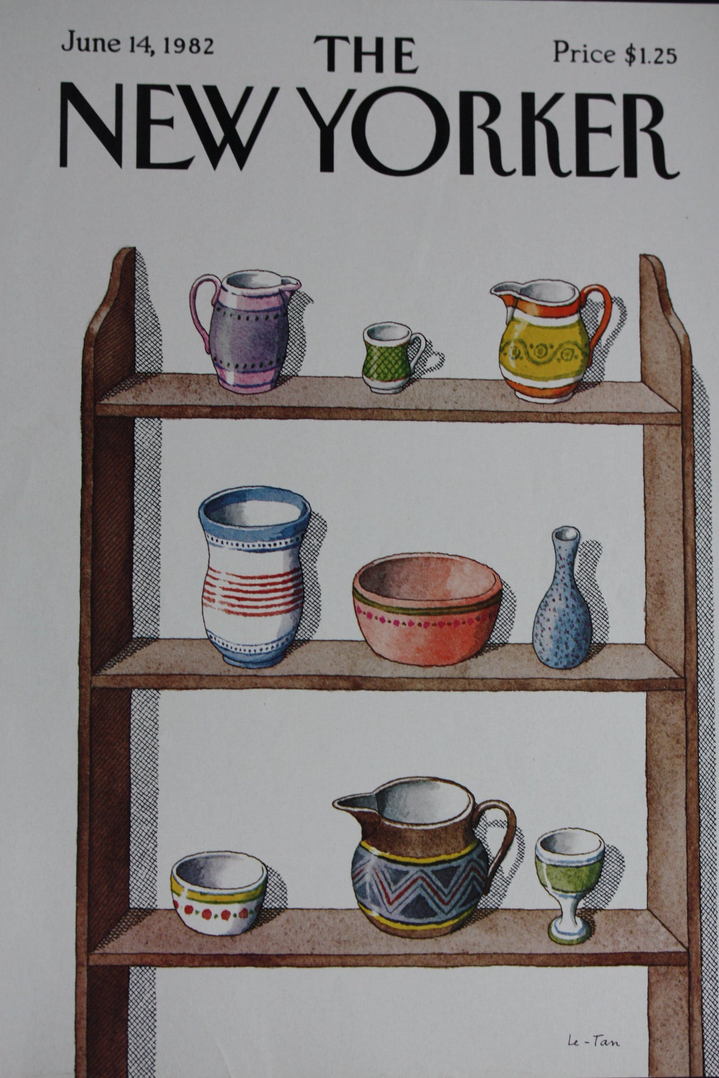 The NEW YORKER Magazine original cover - June 14, 1982 - wall shelf with dishes