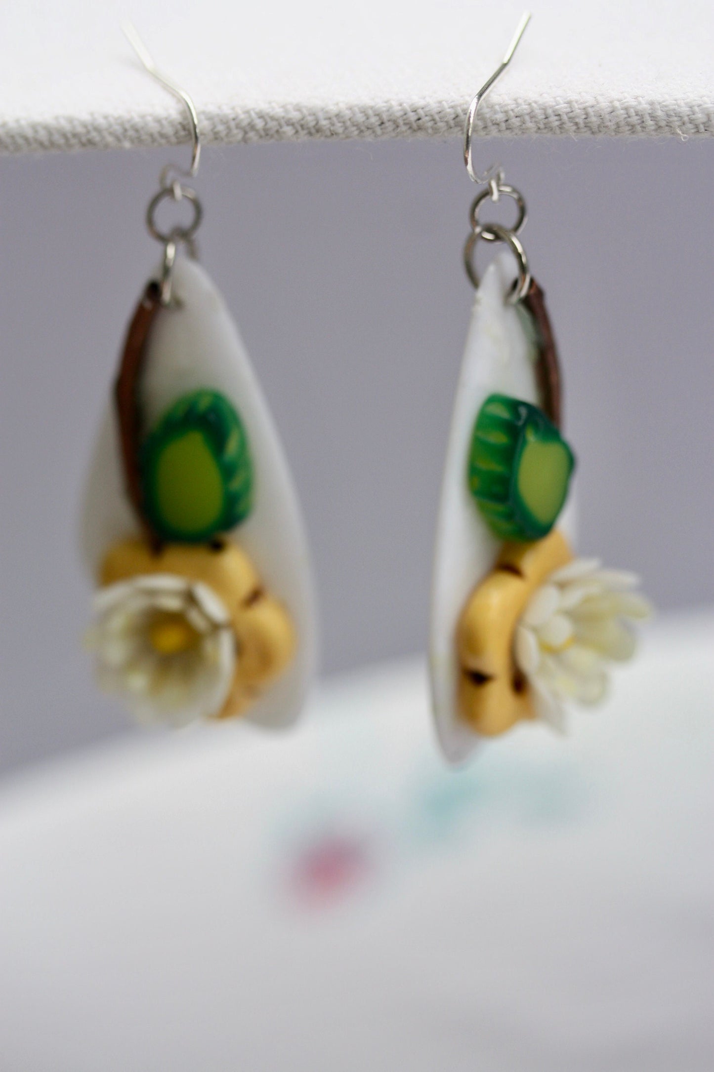 Unique Beadwork collage daisy flower earrings with sterling silver ear wires