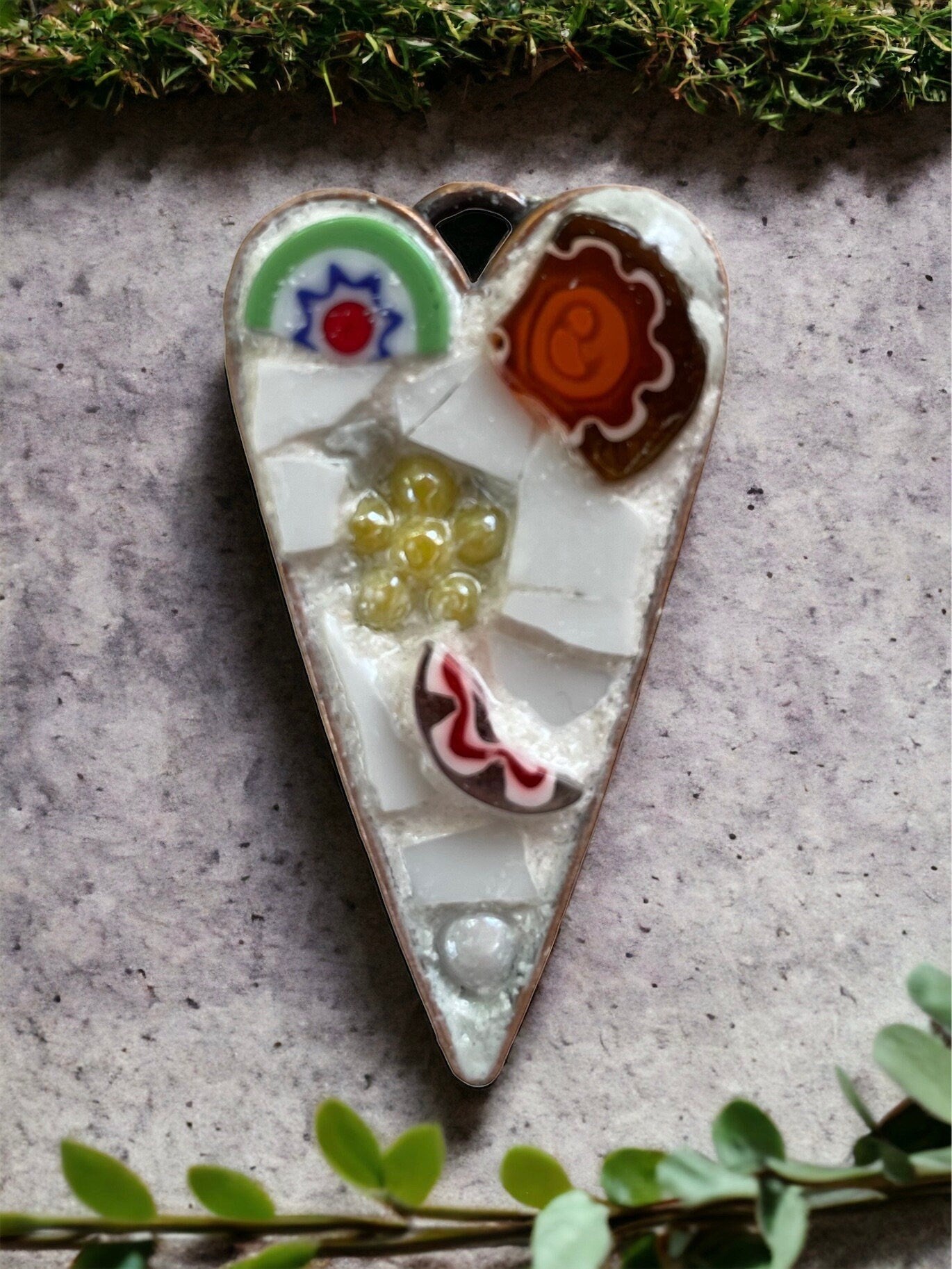 Handmade mosaic heart necklace - made from hand cut pieces of a broken vintage dish