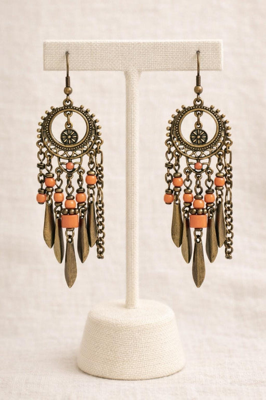Boho Chandelier Earrings • Coral Bead Dangle Earrings • Faux Antique Brass • Bohemian Statement Earrings • Long Drop Earrings 3.25" long